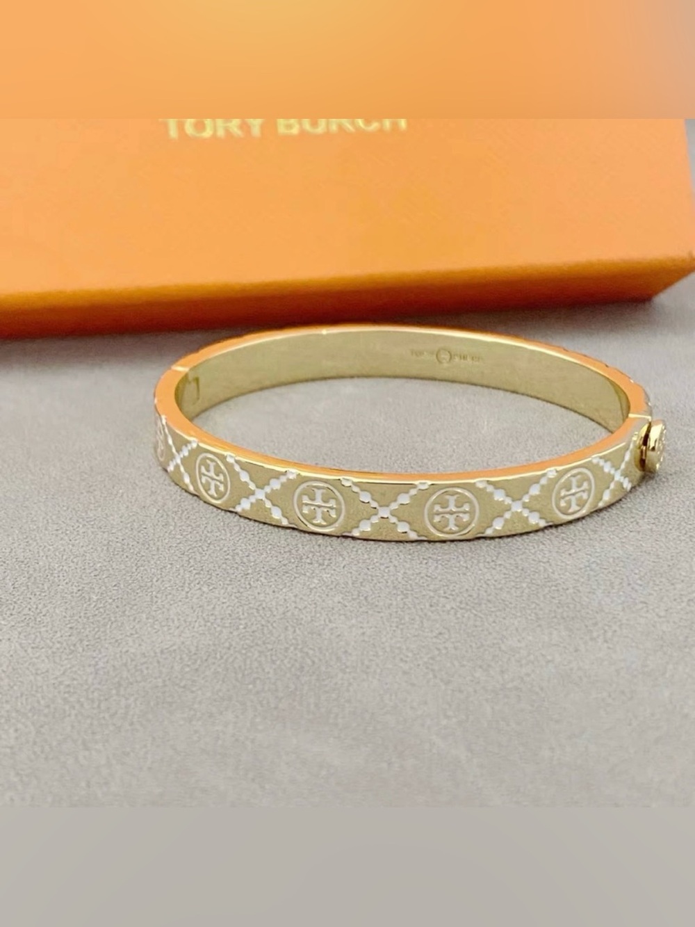 Tory Burch Gold and White Patterned Logo Bangle Bracelet